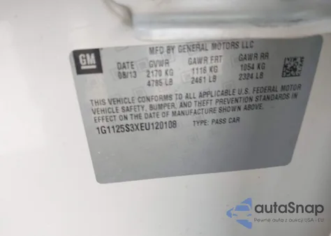 2014 Chevrolet Impala 2Lt z USA, uszkodzony, nr VIN 1G1125S3XEU120108